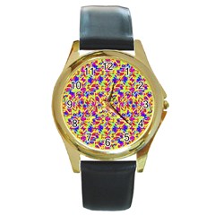 Multicolored Linear Pattern Design Round Gold Metal Watch by dflcprints