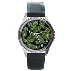 Leaves Black Background Pattern Round Metal Watch by Simbadda