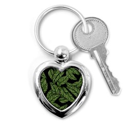 Leaves Black Background Pattern Key Chains (heart)  by Simbadda