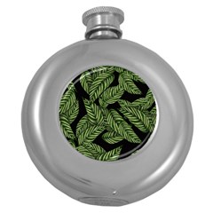 Leaves Black Background Pattern Round Hip Flask (5 Oz) by Simbadda