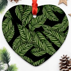 Leaves Black Background Pattern Heart Ornament (two Sides) by Simbadda