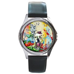 Wall Girl Dog Graphite Street Art Round Metal Watch by Simbadda