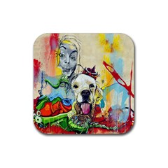 Wall Girl Dog Graphite Street Art Rubber Coaster (square)  by Simbadda