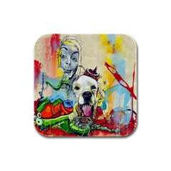 Wall Girl Dog Graphite Street Art Rubber Square Coaster (4 Pack)  by Simbadda