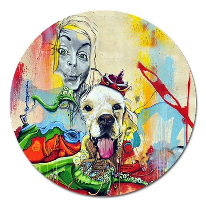 Wall Girl Dog Graphite Street Art Magnet 5  (Round)