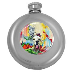 Wall Girl Dog Graphite Street Art Round Hip Flask (5 Oz) by Simbadda