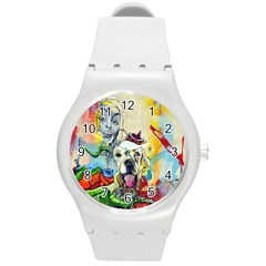 Wall Girl Dog Graphite Street Art Round Plastic Sport Watch (m) by Simbadda