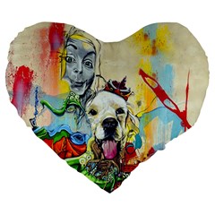 Wall Girl Dog Graphite Street Art Large 19  Premium Flano Heart Shape Cushions by Simbadda