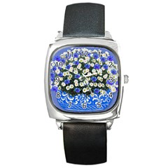 Marguerite Cornflower Vase Blossom Square Metal Watch by Simbadda