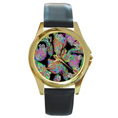 Autumn Pattern Dried Leaves Round Gold Metal Watch by Simbadda