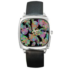 Autumn Pattern Dried Leaves Square Metal Watch by Simbadda