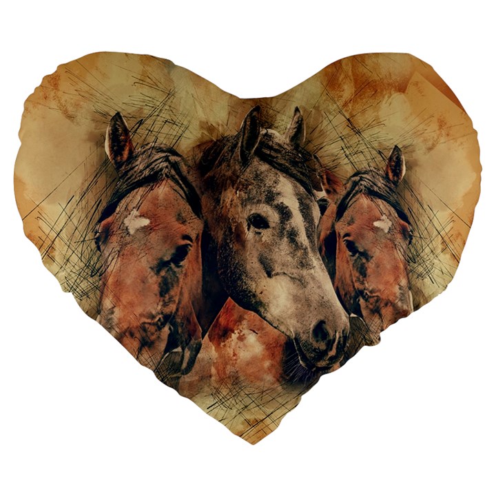 Head Horse Animal Vintage Large 19  Premium Flano Heart Shape Cushions