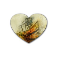 Boat Old Fisherman Mar Ocean Rubber Coaster (heart)  by Simbadda