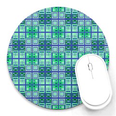 Mod Blue Green Square Pattern Round Mousepads by BrightVibesDesign