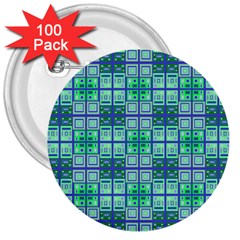 Mod Blue Green Square Pattern 3  Buttons (100 Pack)  by BrightVibesDesign