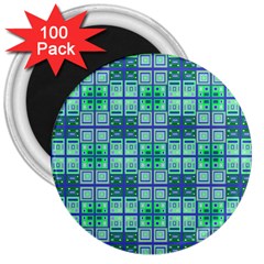 Mod Blue Green Square Pattern 3  Magnets (100 Pack) by BrightVibesDesign