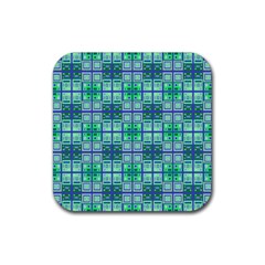 Mod Blue Green Square Pattern Rubber Coaster (square)  by BrightVibesDesign