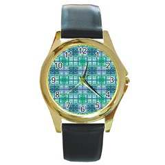 Mod Blue Green Square Pattern Round Gold Metal Watch