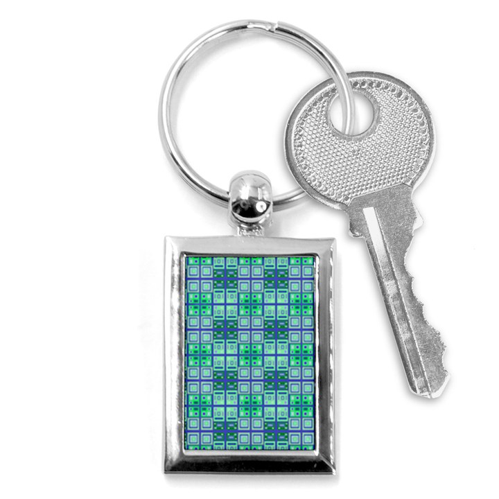 Mod Blue Green Square Pattern Key Chains (Rectangle) 