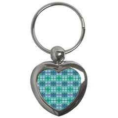 Mod Blue Green Square Pattern Key Chains (heart) 