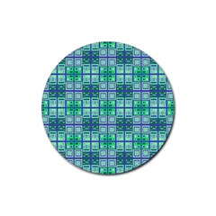 Mod Blue Green Square Pattern Rubber Round Coaster (4 Pack) 