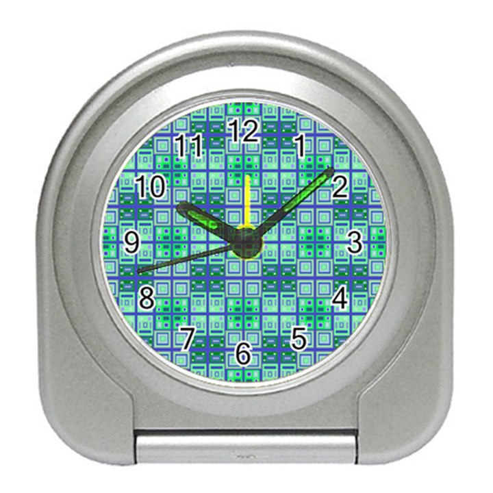 Mod Blue Green Square Pattern Travel Alarm Clock