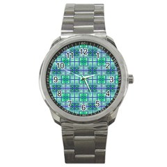 Mod Blue Green Square Pattern Sport Metal Watch