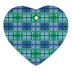 Mod Blue Green Square Pattern Heart Ornament (two Sides)