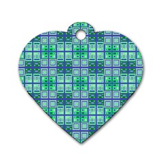 Mod Blue Green Square Pattern Dog Tag Heart (one Side) by BrightVibesDesign