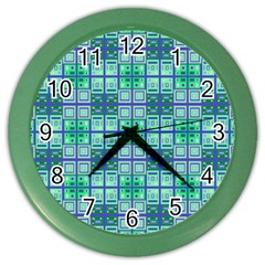 Mod Blue Green Square Pattern Color Wall Clock