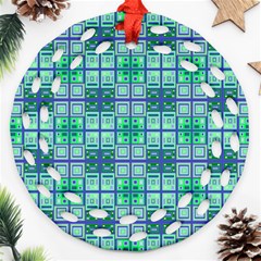 Mod Blue Green Square Pattern Ornament (round Filigree)