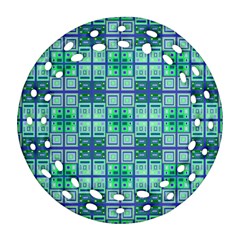 Mod Blue Green Square Pattern Round Filigree Ornament (two Sides) by BrightVibesDesign