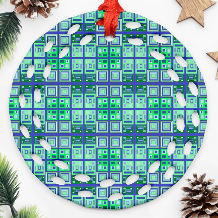 Mod Blue Green Square Pattern Round Filigree Ornament (Two Sides)