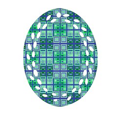 Mod Blue Green Square Pattern Ornament (oval Filigree) by BrightVibesDesign