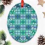 Mod Blue Green Square Pattern Ornament (Oval Filigree) Front