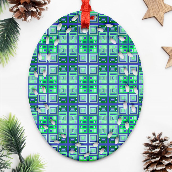 Mod Blue Green Square Pattern Ornament (Oval Filigree)