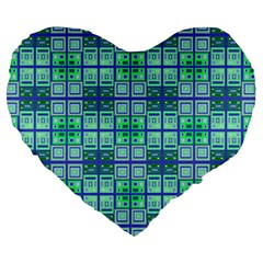 Mod Blue Green Square Pattern Large 19  Premium Heart Shape Cushions