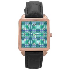 Mod Blue Green Square Pattern Rose Gold Leather Watch 