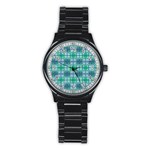 Mod Blue Green Square Pattern Stainless Steel Round Watch Front