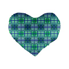 Mod Blue Green Square Pattern Standard 16  Premium Flano Heart Shape Cushions