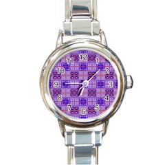 Mod Purple Pink Orange Squares Pattern Round Italian Charm Watch