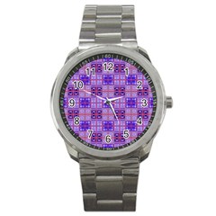 Mod Purple Pink Orange Squares Pattern Sport Metal Watch by BrightVibesDesign