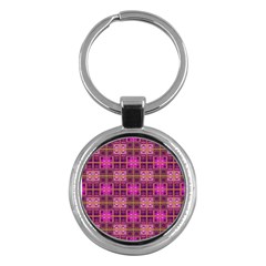 Mod Pink Purple Yellow Square Pattern Key Chains (round) 