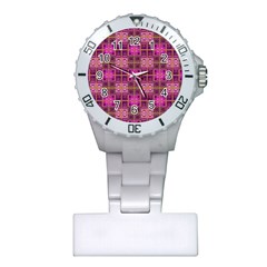 Mod Pink Purple Yellow Square Pattern Plastic Nurses Watch by BrightVibesDesign