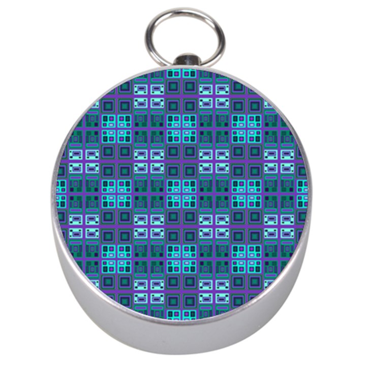 Mod Purple Green Turquoise Square Pattern Silver Compasses