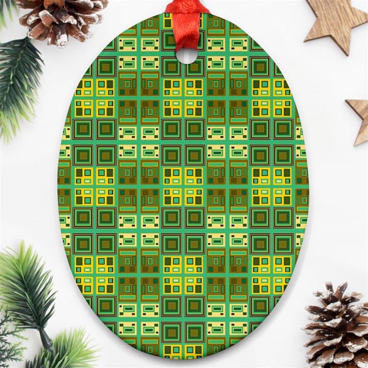 Mod Yellow Green Squares Pattern Ornament (Oval)