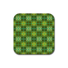 Mod Yellow Green Squares Pattern Rubber Coaster (square)  by BrightVibesDesign