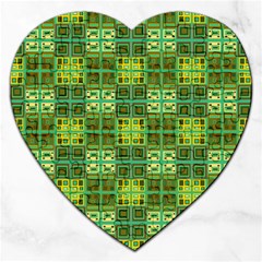 Mod Yellow Green Squares Pattern Jigsaw Puzzle (heart) by BrightVibesDesign