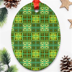 Mod Yellow Green Squares Pattern Oval Ornament (two Sides)