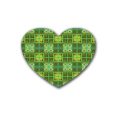 Mod Yellow Green Squares Pattern Rubber Coaster (heart)  by BrightVibesDesign